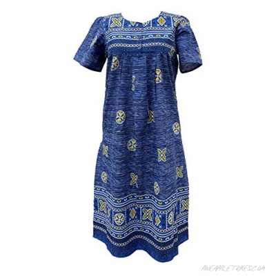 Women's Short Sleeve Blue Lounger House Dress - 3 Button Bib Yoke and Pockets