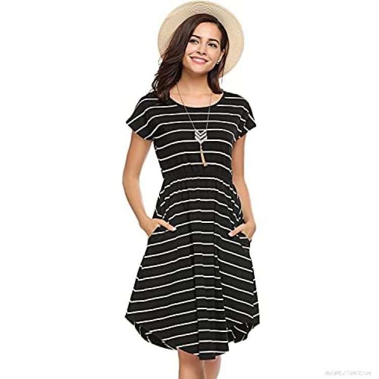 Halife Women's Short Sleeve Stripe Elastic Waist Casual Dress with Pocket