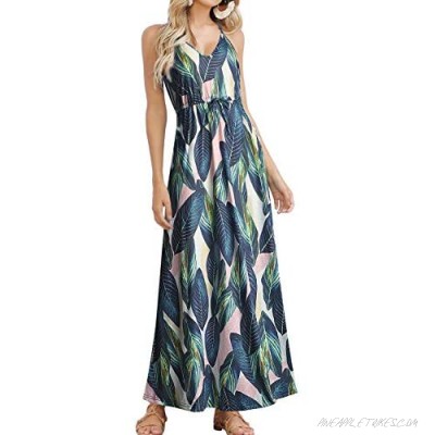 HUSKARY Womens Sleeveless V Neck Spaghetti Strap Pockets Beach Boho Tropical Summer Maxi Dress