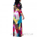 Locryz Women's V Neck 3/4 Sleeve African Floral Printed Party Loose Long Maxi Dress with Belt S-3XL