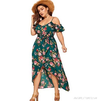Milumia Women Plus Size High Waist Boho Floral Cold Shoulder Split Maxi Dress