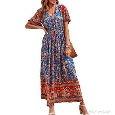PRETTYGARDEN Women's Casual Floral Print V Neck Short Sleeve Summer Boho Beach Dress High Waist Long Maxi Dresses