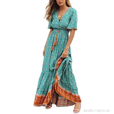 R.Vivimos Womens Summer Cotton Short Sleeve V Neck Floral Print Casual Bohemian Midi Dresses