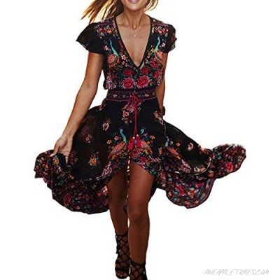 R.Vivimos Women's Summer Vintage Floral Print Deep V Neck High Low Long Dresses