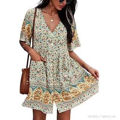 TEMOFON Women's Dress Bohemian Summer V Neck Short Sleeve Floral Printed Button Down Casual Mini Dresses with Pockets