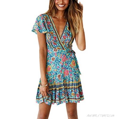 TEMOFON Women's Dresses Summer Wrap Bohemian Floral Printed Ruffle Hem Short Sleeve V-Neck Beach Mini Dress S-XL