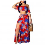 Womens 2 Piece Outfits Summer Floral Beach Crop and Side Slit Skirt