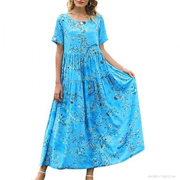 YESNO Women Casual Loose Bohemian Short Sleeve Floral Dress with Pockets Long Maxi Summer Beach Swing Dress EJF