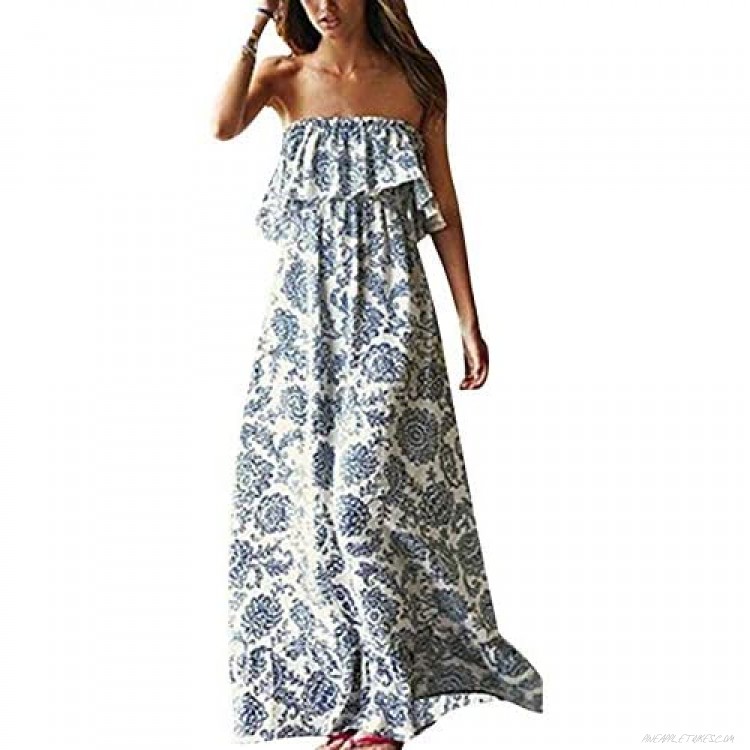 Yidarton Women Summer Blue and White Porcelain Strapless Boho Maxi Long Dress