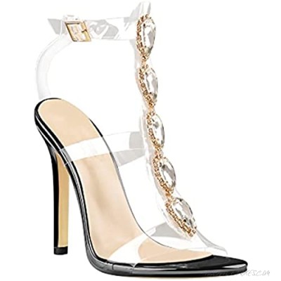 Sexytag Clear Heels for Women with Rhinestone Gladiator Strappy Transparent Ankle Strap Stiletto Sandals