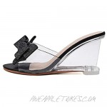 Women heeled sandals clear wedge heel slip on mules glitter bow tie Slides TPU dress sandals