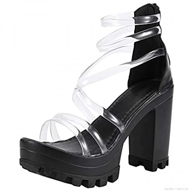 Erocalli Women's Platform Open Toe Chunky High Heel Sandals Fashion Clear PVC Crosscriss Party Sandals