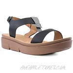 RF ROOM OF FASHION Women's Two Tone Double Strap Ankle Buckle Low Platform Sandals