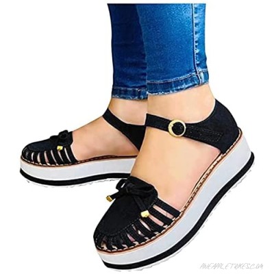 Wedge Sandals for Women Casual Summer Hollow Out Bowknot Ankle Strap Strappy Sandals Outdoor Travel Comfort Platform Shoes