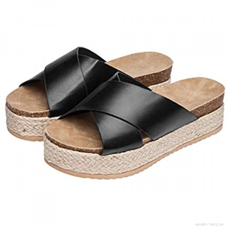 Womens Leather Wedge Sandals Open Toe Flip Flops Casual Flats Sandals for Women Beach Office Walking Shoes Comfortable Platform Sandals