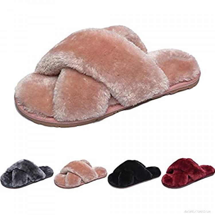 Eriwes Fuzzy Slippers for Women Cross Band Open Toe Fluffy House Slippers Indoor Outdoor Slides Anti-Skid Sole
