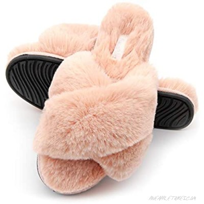 FamiPort Fuzzy Slippers for Women Bunny Fur Cross-Band Slippers Cushioned Non-Slip Indoor/Outdoor Slippers