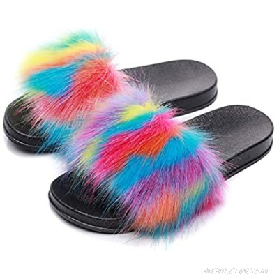 FAYUEKEY Faux Fox Fur Slippers for Women Open Toe Comfy Fluffy Sandals Slides Indoor Outdoor