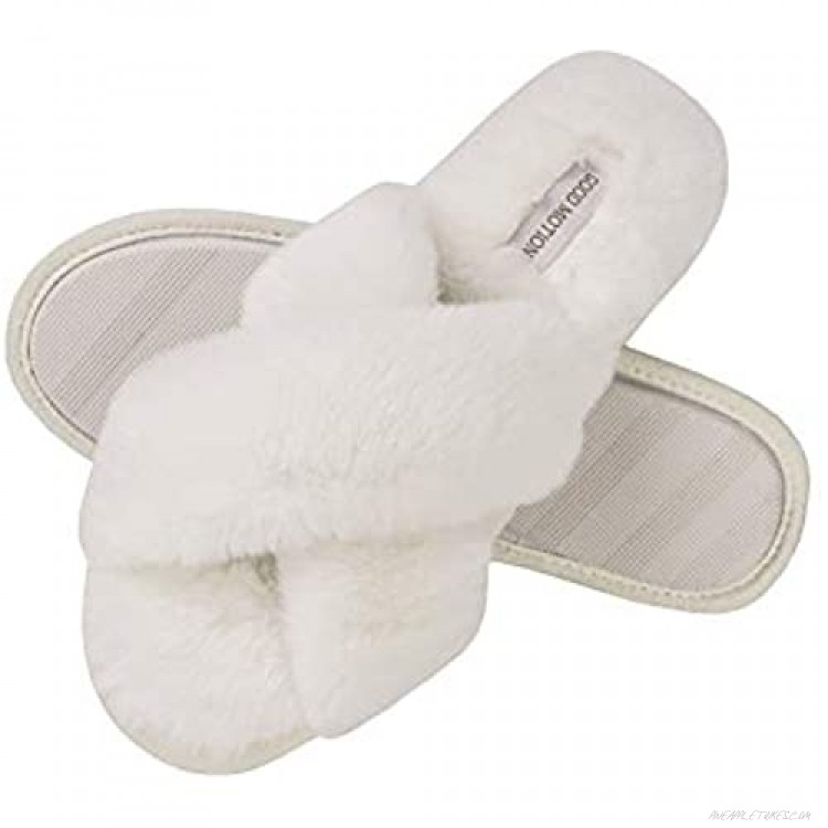 good motion Womens House Fuzzy Slippers Fluffy Soft Plush Cute Slippers Comfortable Fur Memory Foam Slippers Women's Cross Band Slippers Cozy Slip On Open Toe Indoor Outdoor Shoes for Women Size 7-12