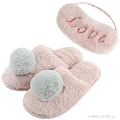 Komyufa Womens Girls Winter Slippers with Pom Pom House Shoes with Free Mask Fuzzy Plush Lining Memory Foam Anti-Slip Indoor Outdoor