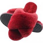 Open Toe Slippers for Women Cross Band Plush Fleece Non Slip Memory Foam Fuzzy Slide Slippers for Indoor Outdoor Wine Red 5-6