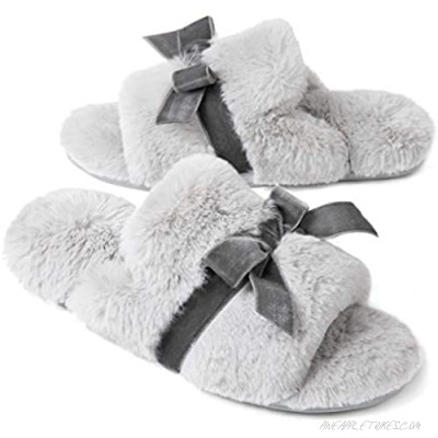 ULTRAIDEAS Women's Memory Foam Fuzzy Slide Slippers with Elegant Bow Plush Faux Fur Slip on House Shoes with Anti-Skid Rubber Sole