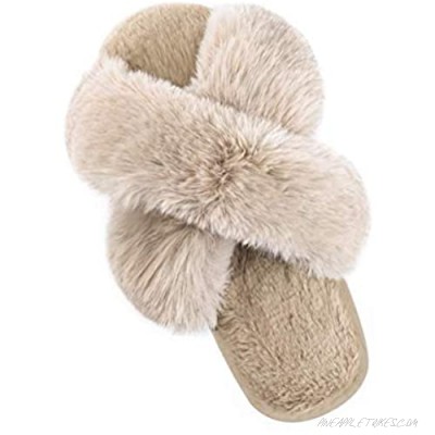 Women's Cross Band Soft Plush Fleece Cozy Open Toe House Shoes Indoor Outdoor Warm Comfy Slippers