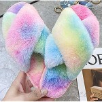 Womens Cross Band Soft Plush Slippers Colourful Furry Open Toe Slip on Slippers House Flats Slides for Indoor Outdoor