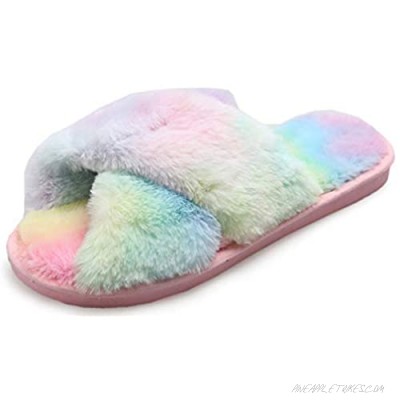 Womens Cross Band Soft Plush Slippers Colourful Furry Open Toe Slip on Slippers House Flats Slides for Indoor Outdoor