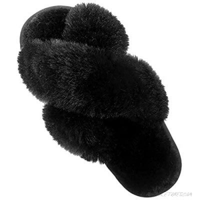 Women's Fluffy Slippers Fuzzy Slides Furry Fur Open Toe Criss Cross Sleepers House Bedroom Memory Foam Sandals Indoor Outdoor Slip on
