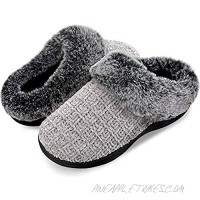 Women's House Slippers Plush Faux Fur Collar Chenille Knit Scuff Warm Ladies' Fuzzy Slip on House Shoes Memory Foam Indoor Outdoor Anti-Skid