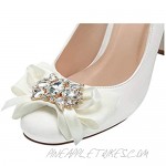 ERIJUNOR Block Heel Wedding Shoes Rhinestones Bow Knot Closed Toe Satin Bridal Shoes