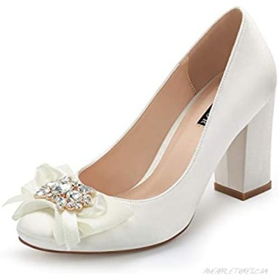 ERIJUNOR Block Heel Wedding Shoes Rhinestones Bow Knot Closed Toe Satin Bridal Shoes