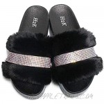 H2K Women's Fur Slides Rhinestone Glitter Platform Sandals Monica