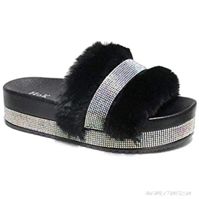 H2K Women's Fur Slides Rhinestone Glitter Platform Sandals Monica