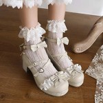 Juleya Mary Jane Lolita Pumps Women Mid Block Heel Ankle Strap Platform Shoes with Bowknot Round Toe Sweet Rockabilly Kawaii Cosplay