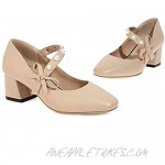 MISTU Women's Fashion Square Toe Mary Jane Pumps Bow Pearls Strap Slip On Chunky Mid Heel Dress Pump Shoes