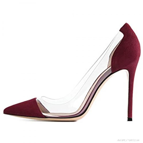 Sammitop Women's Slip On High Heel Pumps Transparent PVC Pointy Toe Ladies Stiletto Dress Shoes Burgundy US11.5