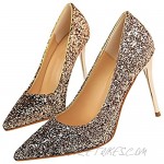Women Chic Pointed Toe Slip on Stilettos Mid Heel Pumps Glitter Shoes for Party