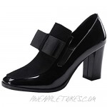 Women's Block High Heel Pumps Patent Leather Black Bowknot Slip On Round Toe Fashion Concise Casual Office Shoes