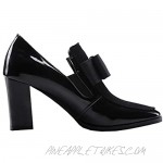 Women's Block High Heel Pumps Patent Leather Black Bowknot Slip On Round Toe Fashion Concise Casual Office Shoes