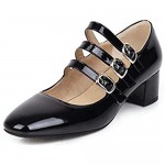 Women's Patent Leather Mary Janes Pumps Strappy Almond Toe Block Low Heel Dress Shoes