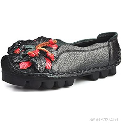 Bigwanbig New Women's Casual Flats Floral Genuine Leather Loafers Non-Slip Comfort Walking Shoes
