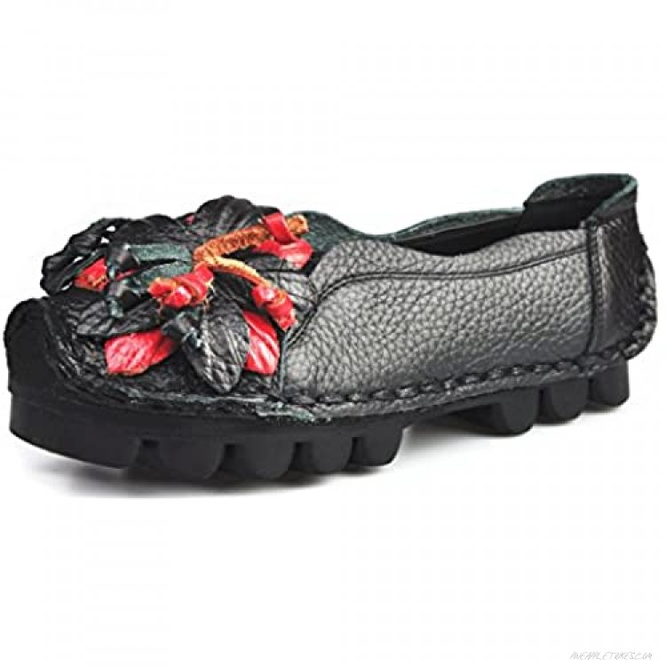 Bigwanbig New Women's Casual Flats Floral Genuine Leather Loafers Non-Slip Comfort Walking Shoes