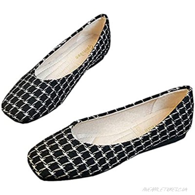 ChaiRong Zhou Women's Cute Bowtie Square Toe Plaid Ballets Flats Slip On All-Match Single Shoes Dress Shoes