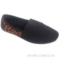 Elegant Women's Canvas Slip-on Flat Shoes Black and Leopard Print with Black Sole Espadrille Loafers