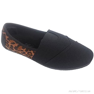 Elegant Women's Canvas Slip-on Flat Shoes Black and Leopard Print with Black Sole Espadrille Loafers