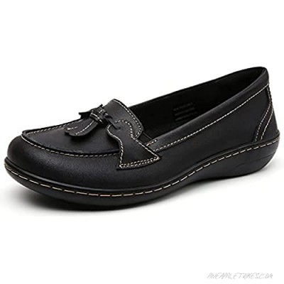 Loafer Flats Shoes for Women Black Casual Slip-on Boat Shoes Comfort Flat Driving Walking Dressing and House Confortable Moccasins Soft Sole Leather Shoes (Black Numeric_10)