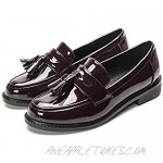 MIOKE Women's Classic Tassel Flat Penny Loafers Patent Leather Slip On Low Heel School Uniform Oxford Shoes Wine Red