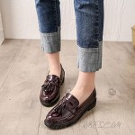 MIOKE Women's Classic Tassel Flat Penny Loafers Patent Leather Slip On Low Heel School Uniform Oxford Shoes Wine Red